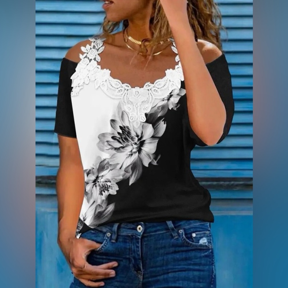 Black Casual V-Neck Floral Printed Short Sleeve Blouse Off Shoulder X-Large NIP